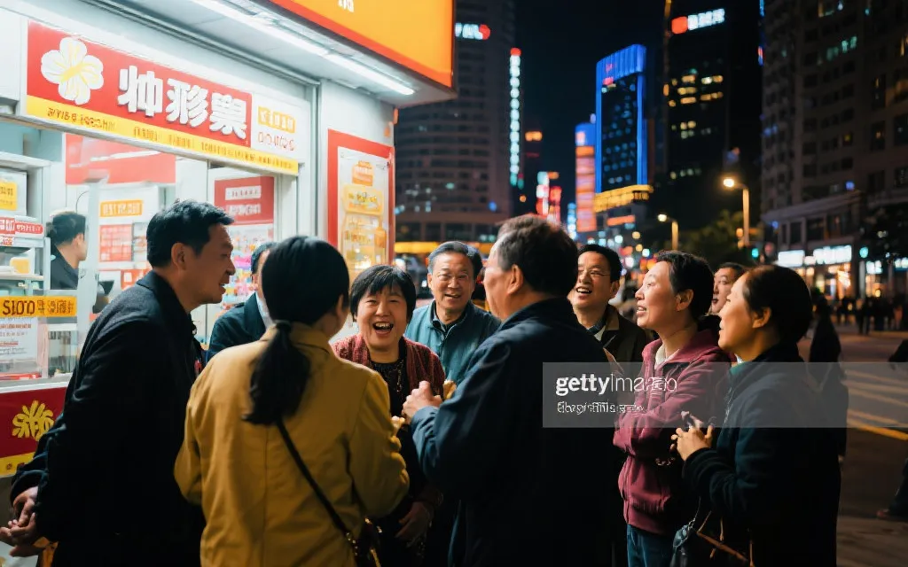 人们在彩票站点前交流，展现社区关注热情